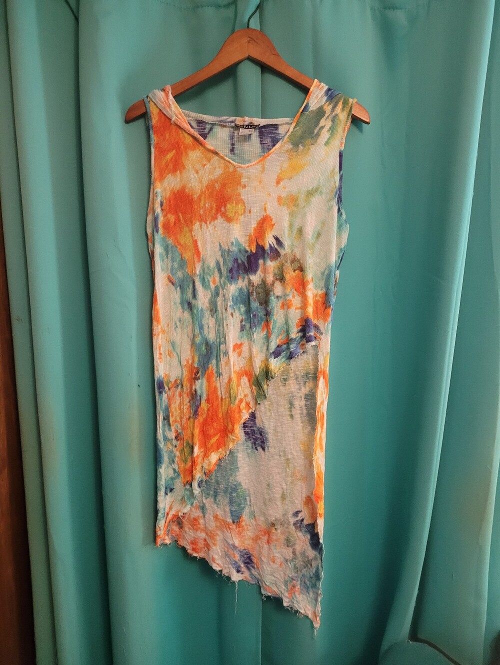 Venus Sleeveless Tie-Dye Asymmetric Top in Orange, Blue & Green Size M